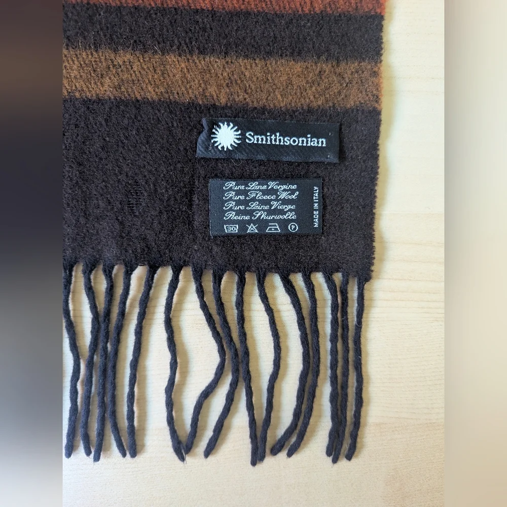 Smithsonian Brown Yellow Orange Striped Scarf Wool Made In‎ Italy